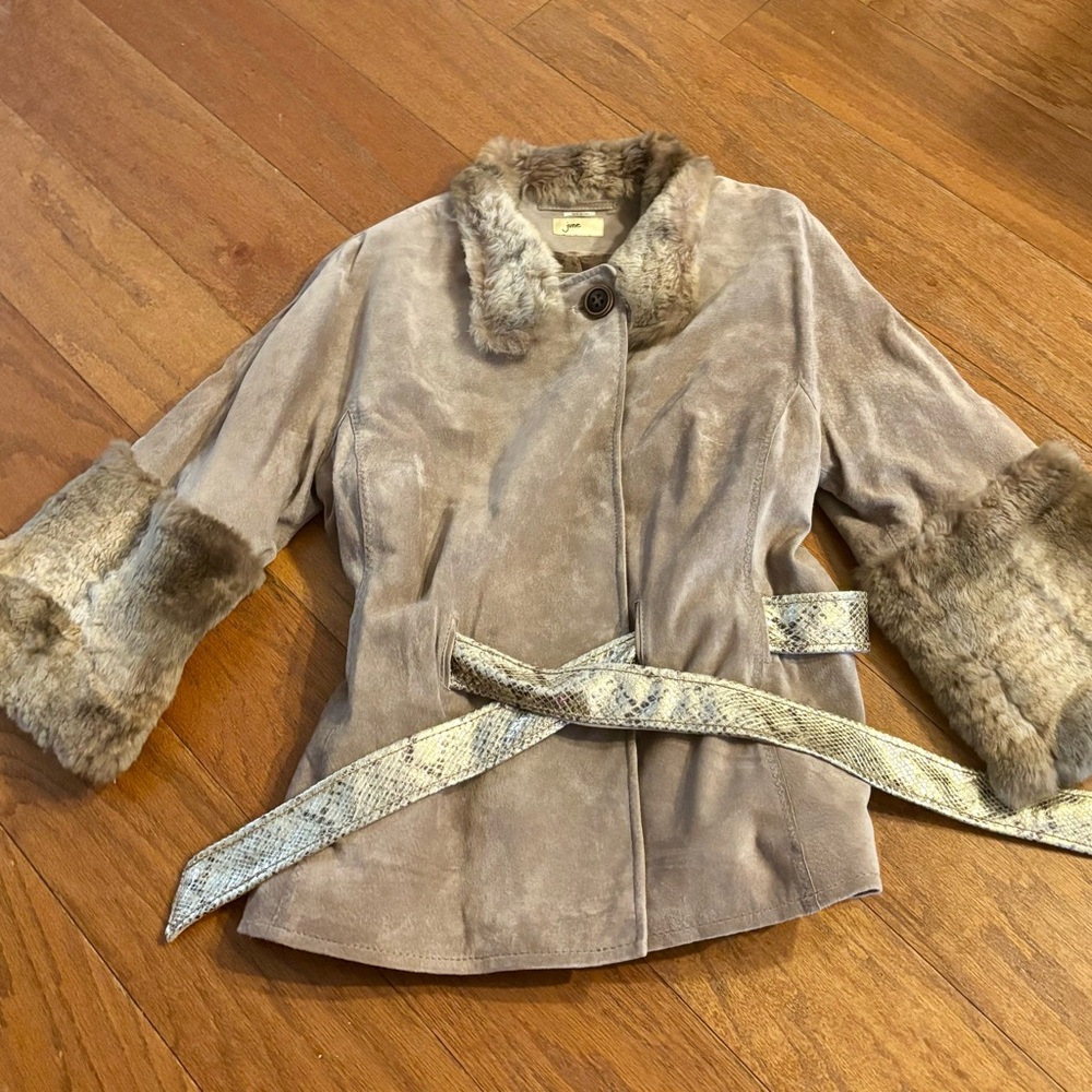 Vintage Y2K Sueded Leather Jacket with faux fur and snakeskin print belt